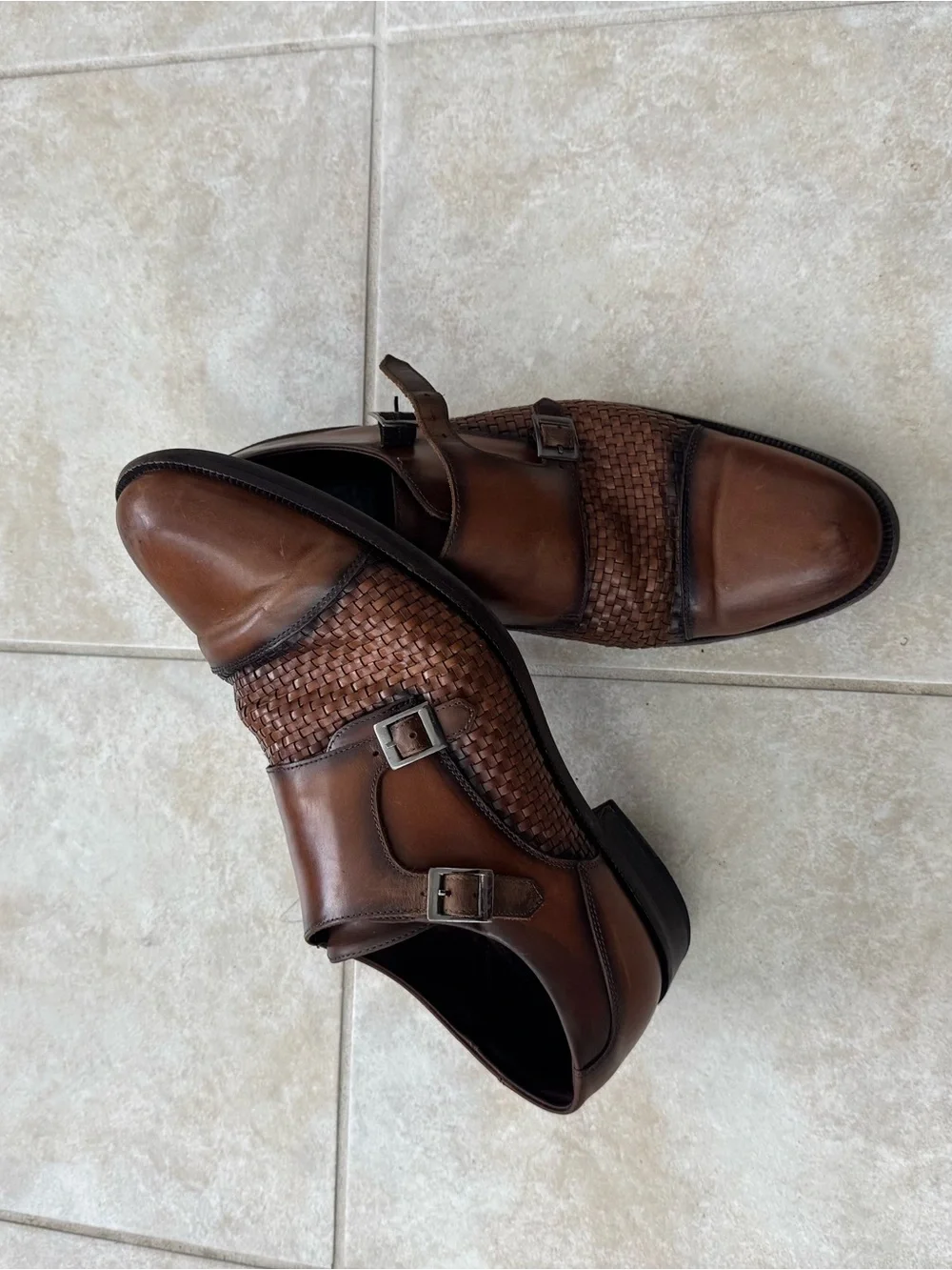 Studio Belvedere Mens 10 Double Monk Strap Buckle Woven Cognac Leather Shoes